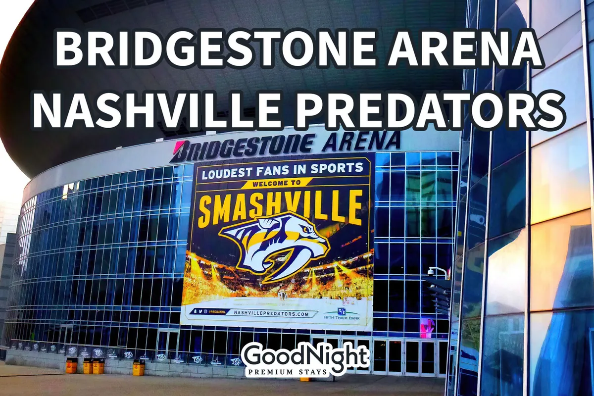 This image captures the lively exterior of Bridgestone Arena, featuring the recognizable Nashville Predators logo, a large 'Smashville' banner, and energetic crowds. The modern facade and event atmosphere immediately evoke the thrill of Nashville's most iconic live music and sports venue.